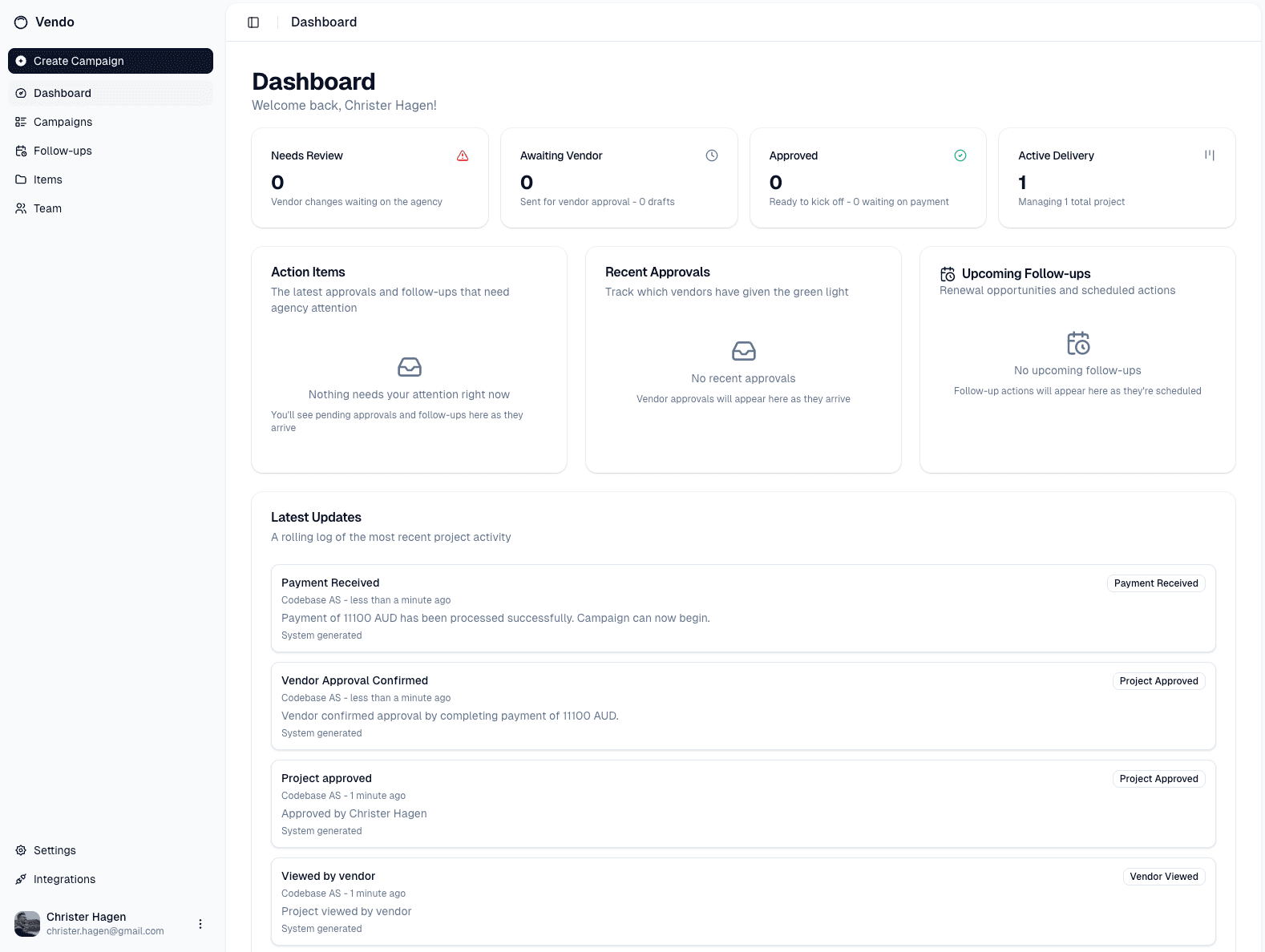 Vendo dashboard overview